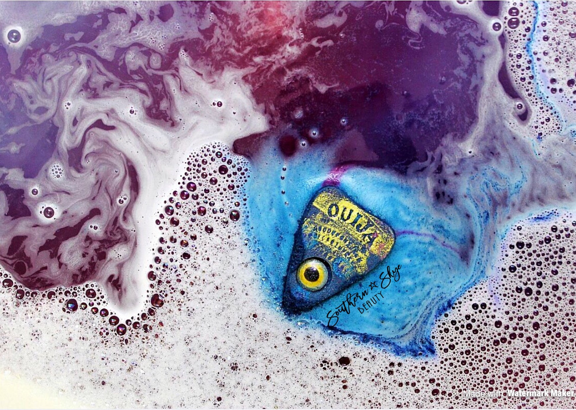 Southern Skye Beauty The Further Bath Bomb - planchette shaped bath bomb with a hand made soap eyeball dissolving in water