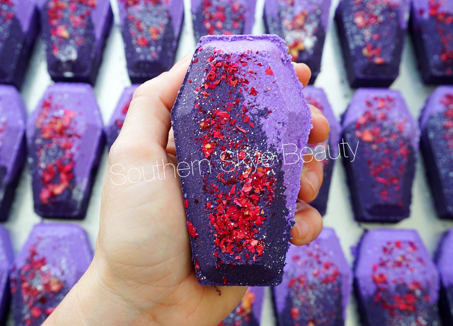 Southern Skye Beauty Ded2Me coffin shaped bath bomb tolped with dried rose petals