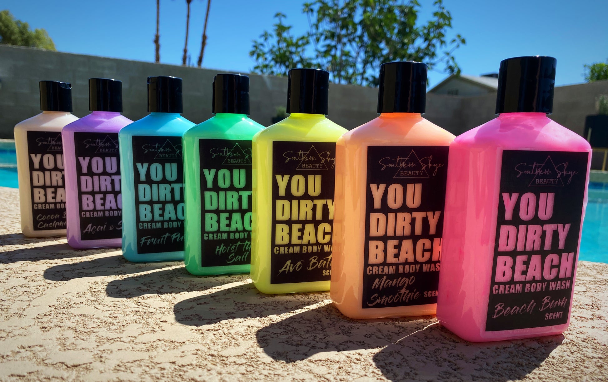 All scents of Southern Skye beauty You Dirty Beach Body Washes lined up